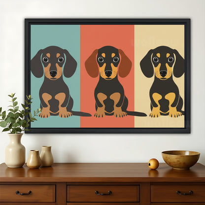 The Geometric Dachshund Trio – Modern Pet Wall Art on Natural Wood Canvas