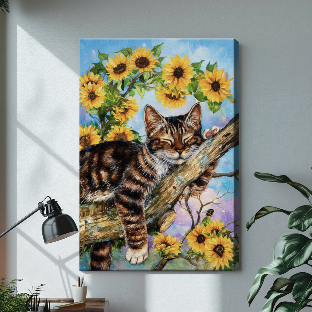 Cat Sunflower Canvas Wall Art – Framed
