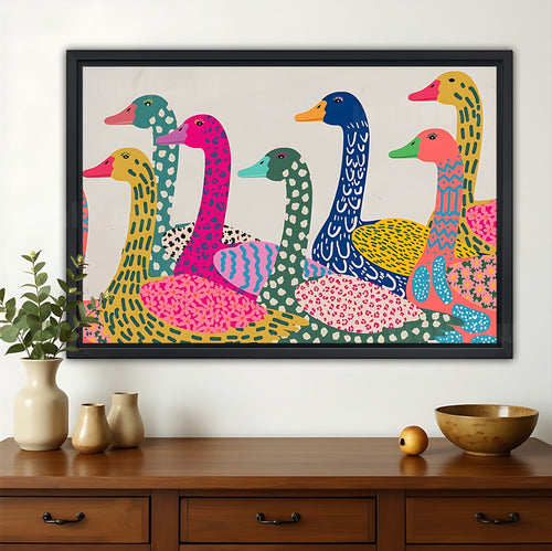 The Colorful Geometric Duck Flock – Pop Art Vibrant Wall Art on Natural Wood Canvas