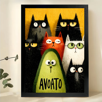 AVOATO Cats & Avocado – Funny Food Cat Wall Art on Natural Wood Canvas