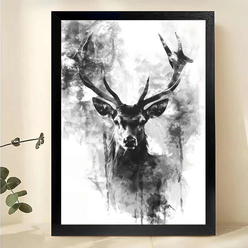 Ink Wash Stag Head Wall Art – Abstract Black & White Deer Canvas Print on Natural Wood Frame