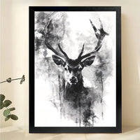 Ink Wash Stag Head Wall Art – Abstract Black & White Deer Canvas Print on Natural Wood Frame