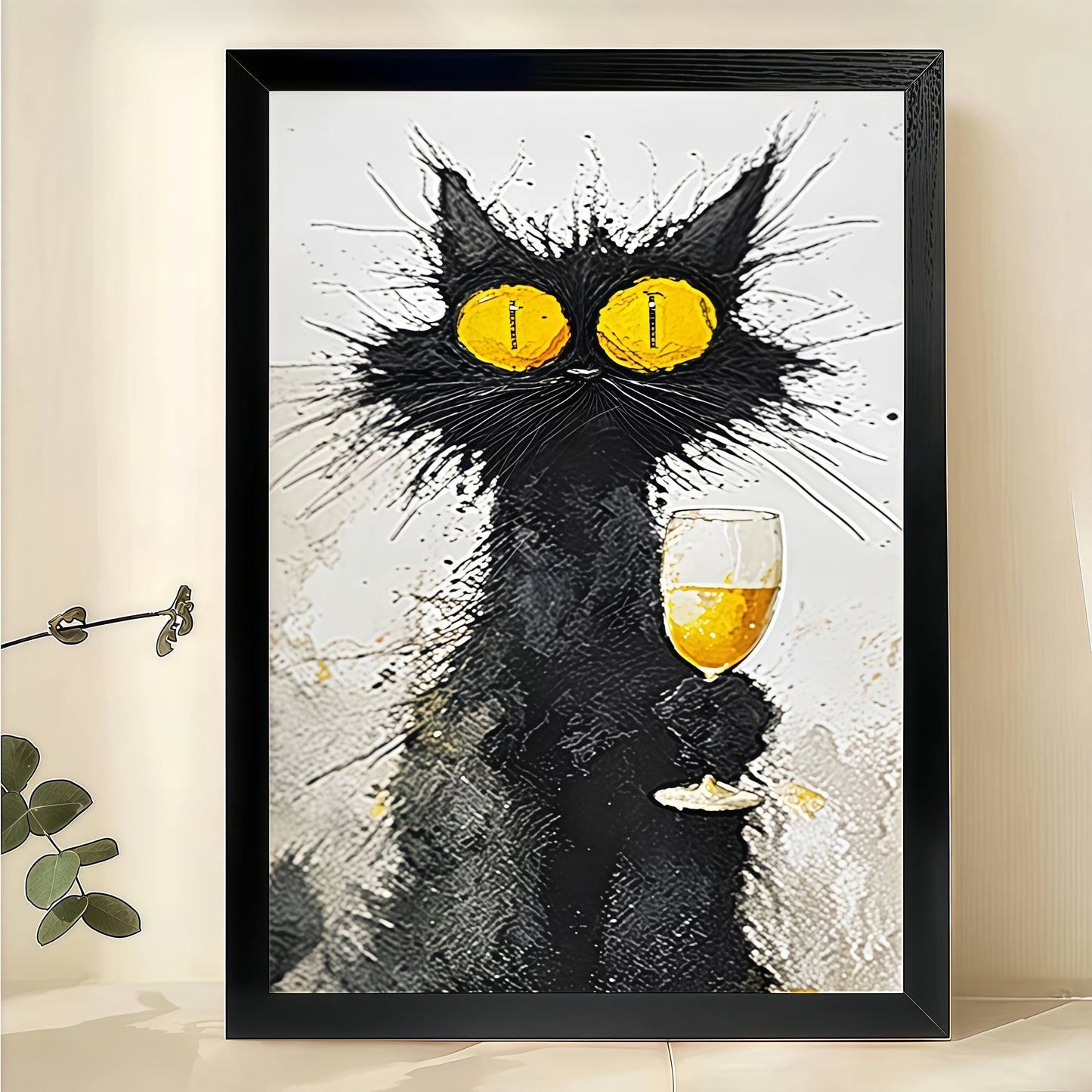 Black Cat with Champagne Glass – Whimsical Retro Wall Art on Natural Wood Canvas