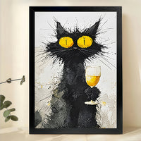 Black Cat with Champagne Glass – Whimsical Retro Wall Art on Natural Wood Canvas