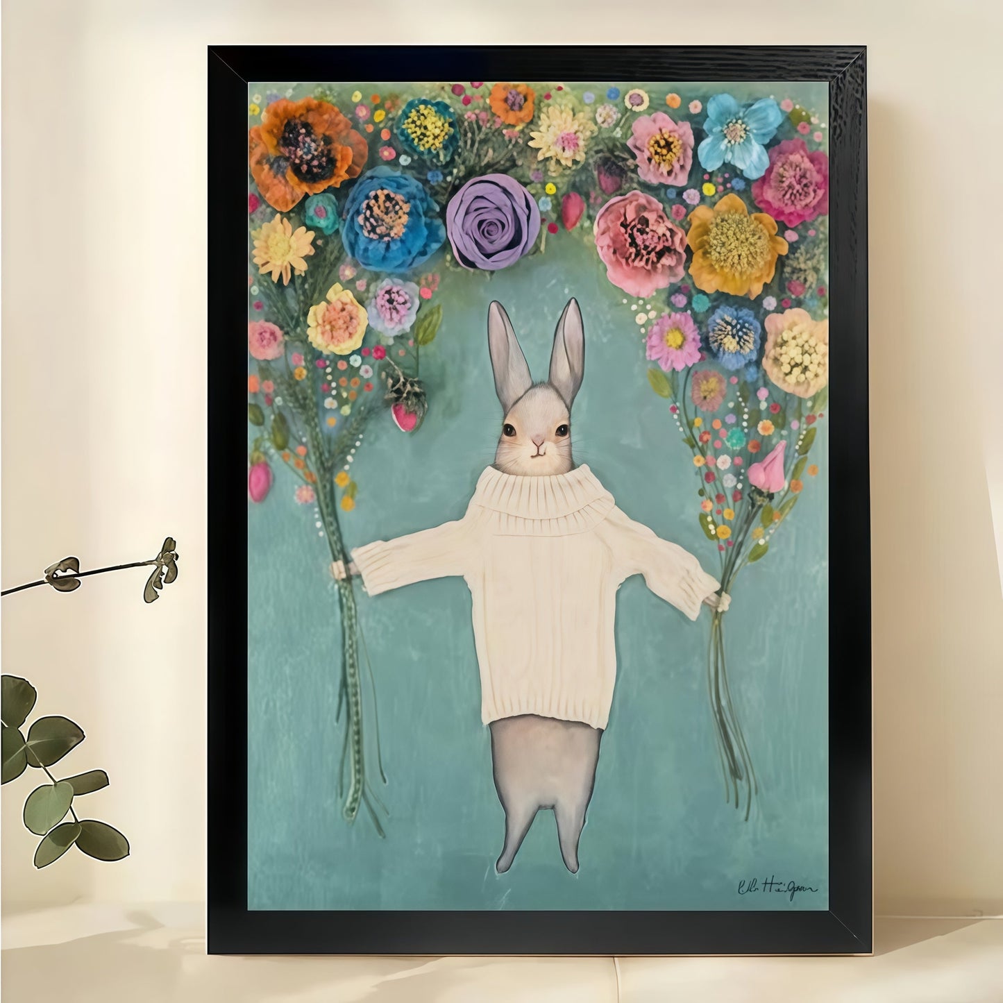 The Flower-Bouquet Rabbit – Gentle Whimsical Wall Art on Natural Wood Canvas
