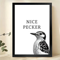 NICE PECKER Woodpecker – Humorous Minimalist Wall Art on Natural Wood Canvas