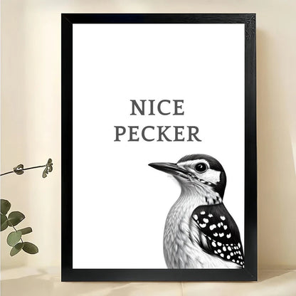 NICE PECKER Woodpecker – Humorous Minimalist Wall Art on Natural Wood Canvas