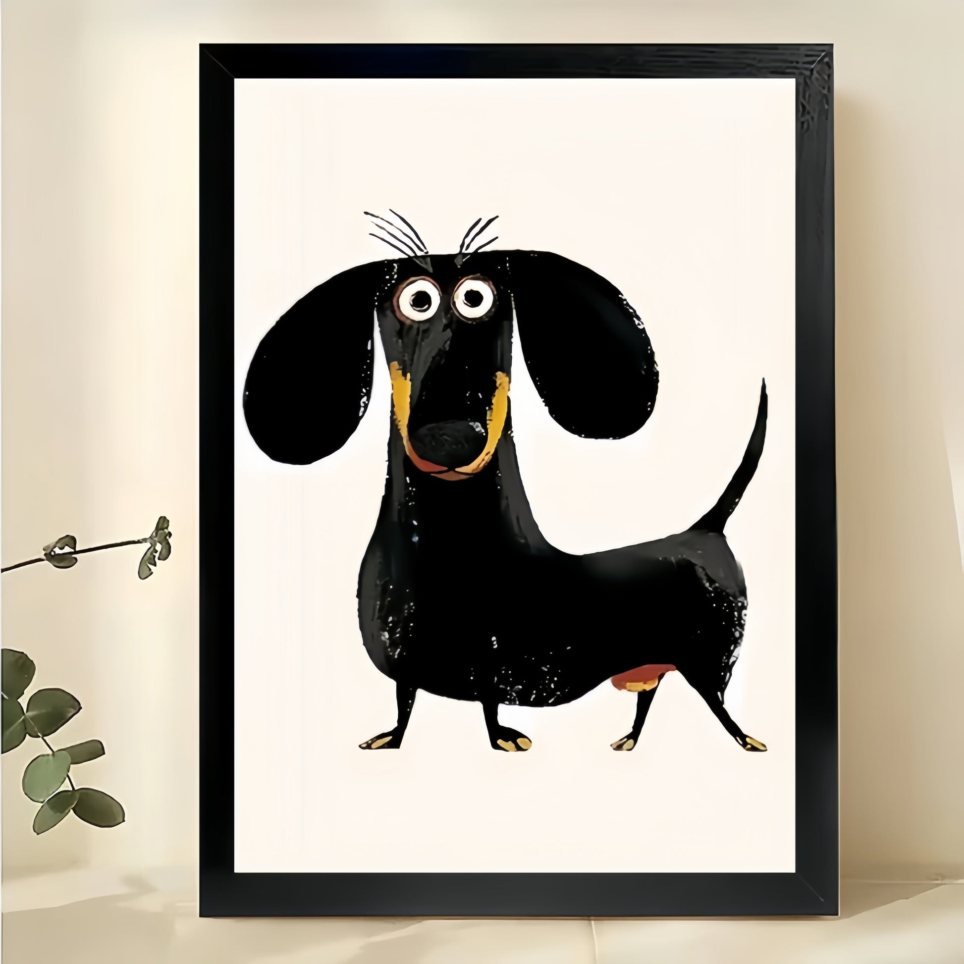 The Standing Cartoon Dachshund – Playful Pet Wall Art on Natural Wood Canvas