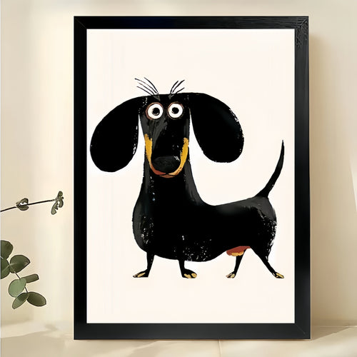 The Standing Cartoon Dachshund – Playful Pet Wall Art on Natural Wood Canvas