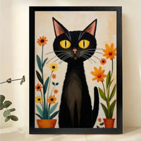 Black Cat with Sunflowers – Vibrant Floral Garden Flag Wall Art on Natural Wood Canvas