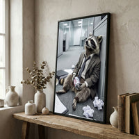 Drunk Raccoon in Office Suit Sitting on Floor with Beer Canvas Wall Art