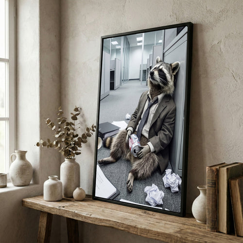 Drunk Raccoon in Office Suit Sitting on Floor with Beer Canvas Wall Art