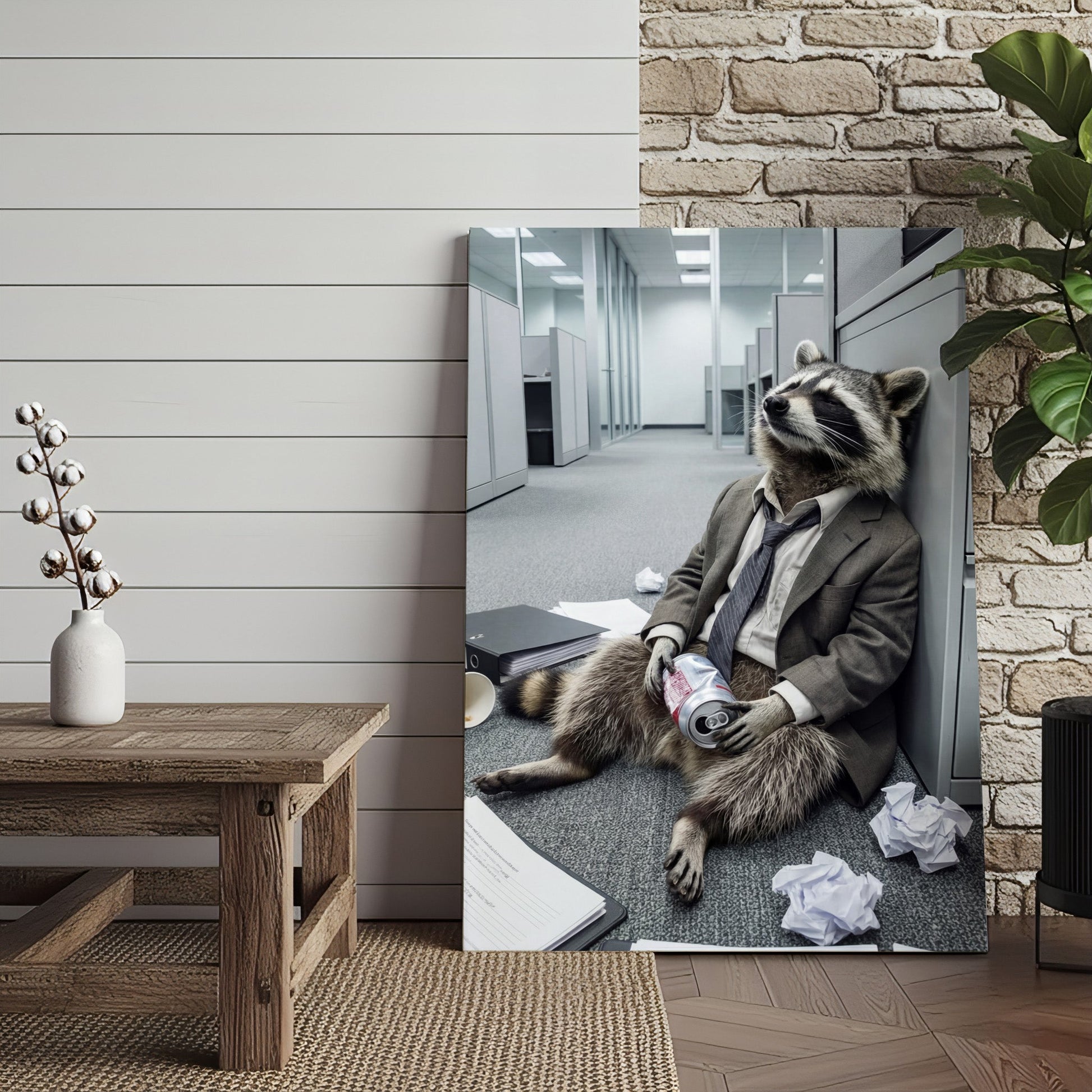 Drunk Raccoon in Office Suit Sitting on Floor with Beer Canvas Wall Art
