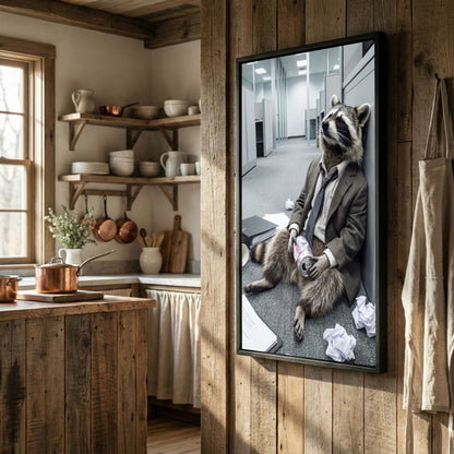 Drunk Raccoon in Office Suit Sitting on Floor with Beer Canvas Wall Art