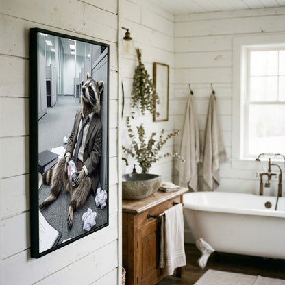 Drunk Raccoon in Office Suit Sitting on Floor with Beer Canvas Wall Art