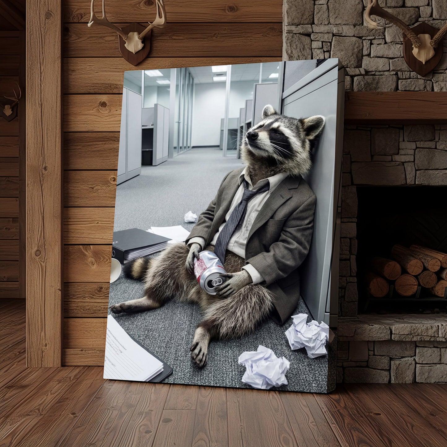 Drunk Raccoon in Office Suit Sitting on Floor with Beer Canvas Wall Art