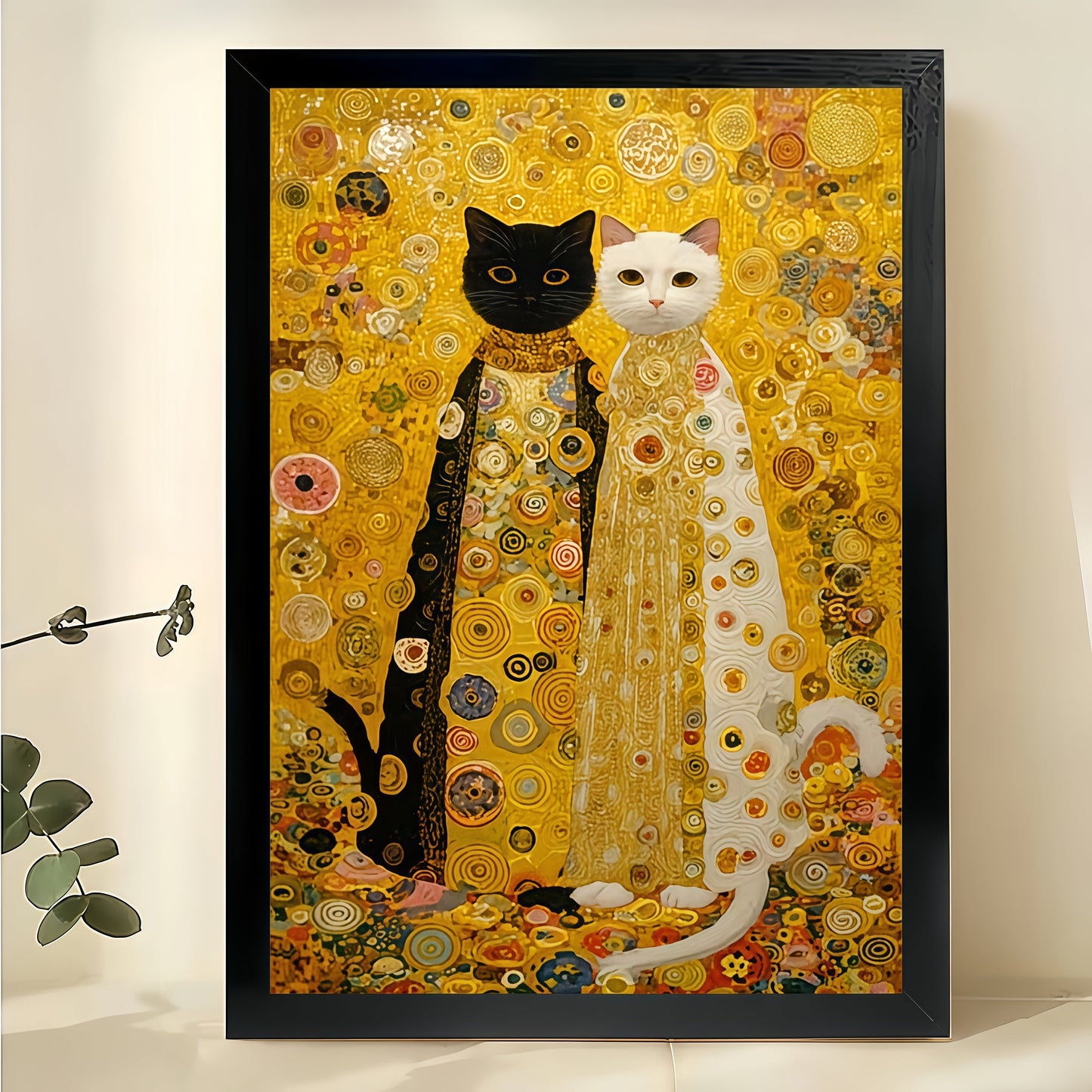 Klimt-Style Black & White Cats – Artistic Parody Wall Art on Natural Wood Canvas