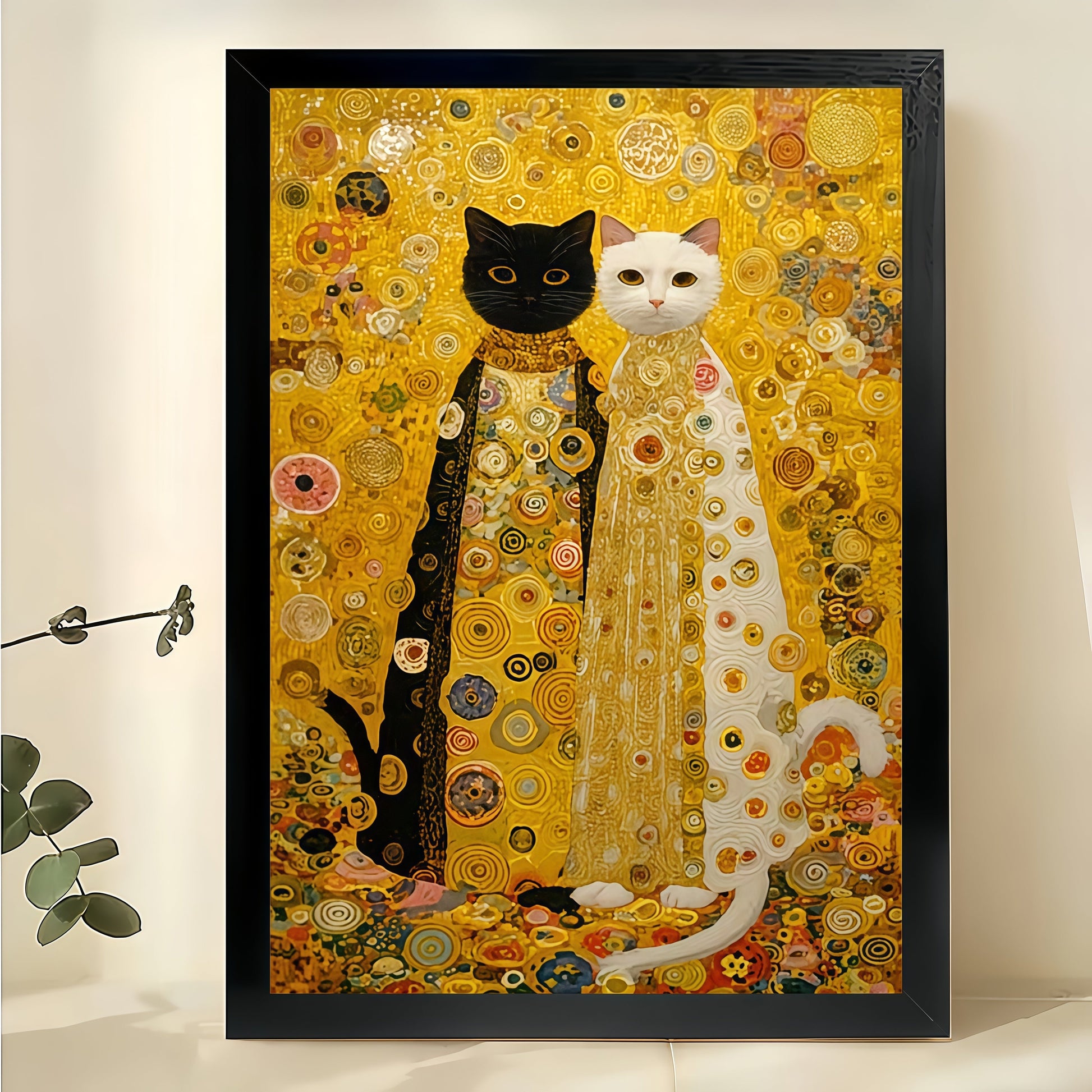 Klimt-Style Black & White Cats – Artistic Parody Wall Art on Natural Wood Canvas