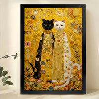 Klimt-Style Black & White Cats – Artistic Parody Wall Art on Natural Wood Canvas