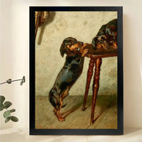 Dachshund Pair Under Chair – Vintage Oil Painting Style Dog Wall Art on Natural Wood Canvas