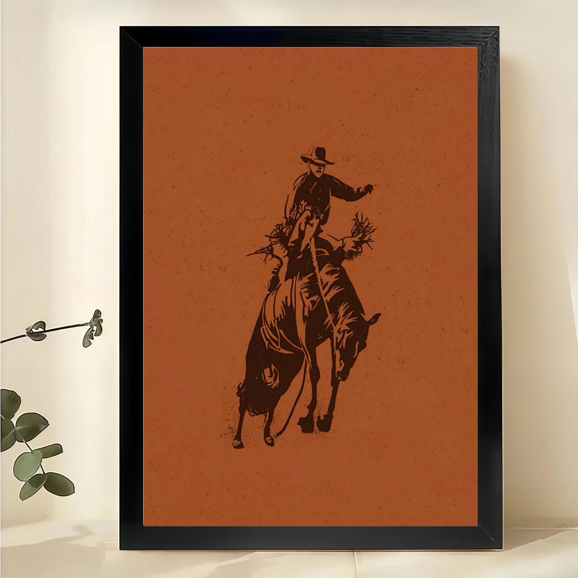 Rodeo Cowboy – Minimalist Western Silhouette Wall Art on Natural Wood Canvas