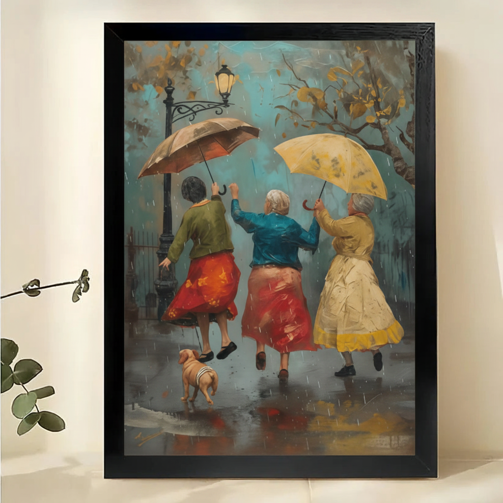Three Women with Umbrellas Wall Art – Charming Friendship Canvas Print on Natural Wood Frame