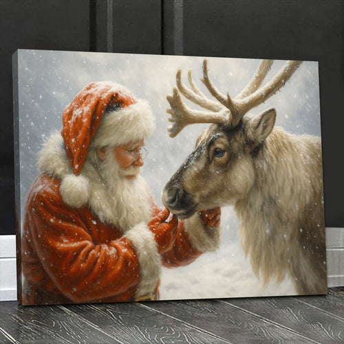 Santa with Reindeer Canvas Wall Art, Tender Snowy Christmas Scene Picture, Nordic Farmhouse Winter Holiday Decor