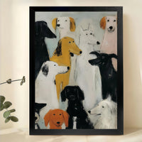 Dog Group Portrait – Vintage Oil Painting Style Wall Art on Natural Wood Canvas