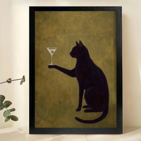 Black Cat with Martini – Stylish Cocktail Cat Wall Art on Natural Wood Canvas