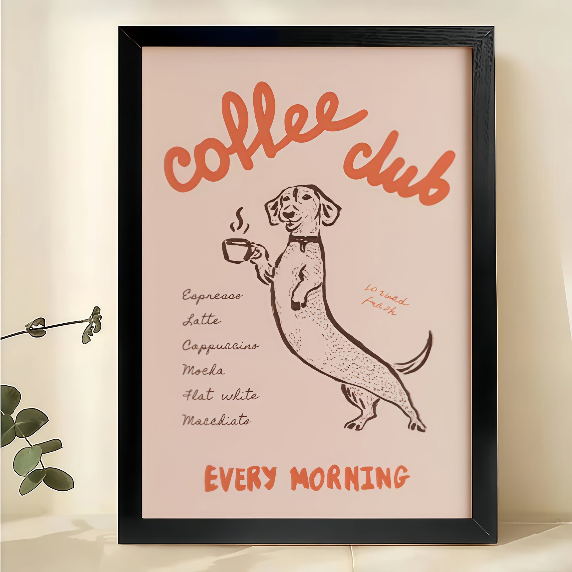 Coffee Club Dachshund – Retro Funny Dog Wall Art on Natural Wood Canvas