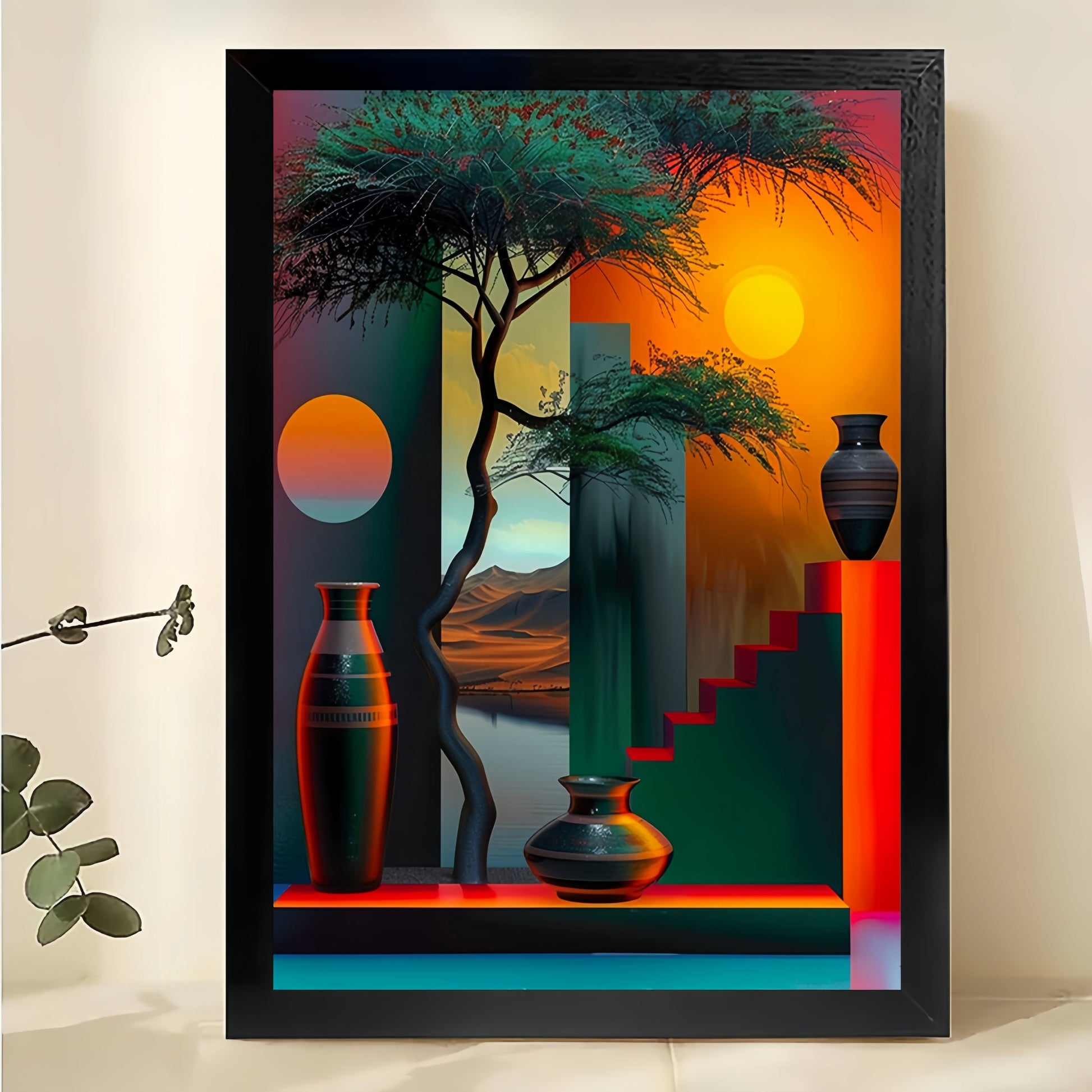 The Geometric Sunset Abstract – Modern Artistic Wall Art on Natural Wood Canvas