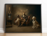 Deer Hunter Gentleman Canvas – Surreal Wall Art with Dogs for Cabin or Man Cave