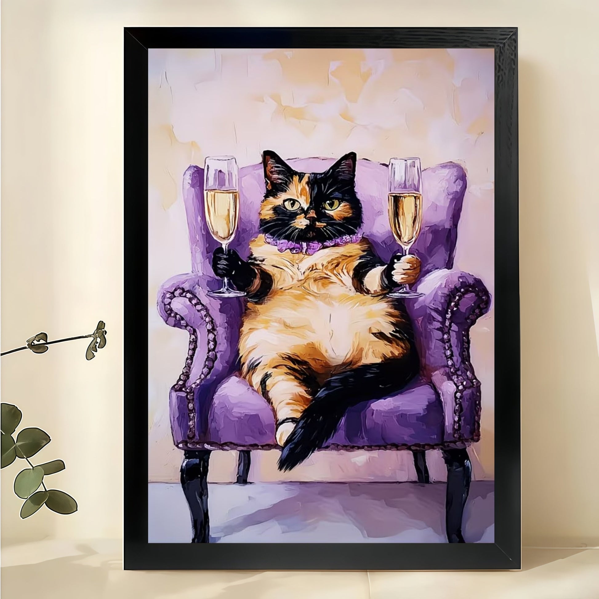 Chonky Cat on Purple Armchair – Whimsical Pet Wall Art on Natural Wood Canvas