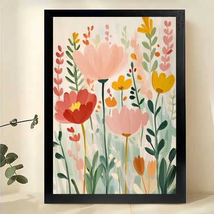 Watercolor Style Colorful Floral Bouquet – Minimalist Fresh Wall Art on Natural Wood Canvas