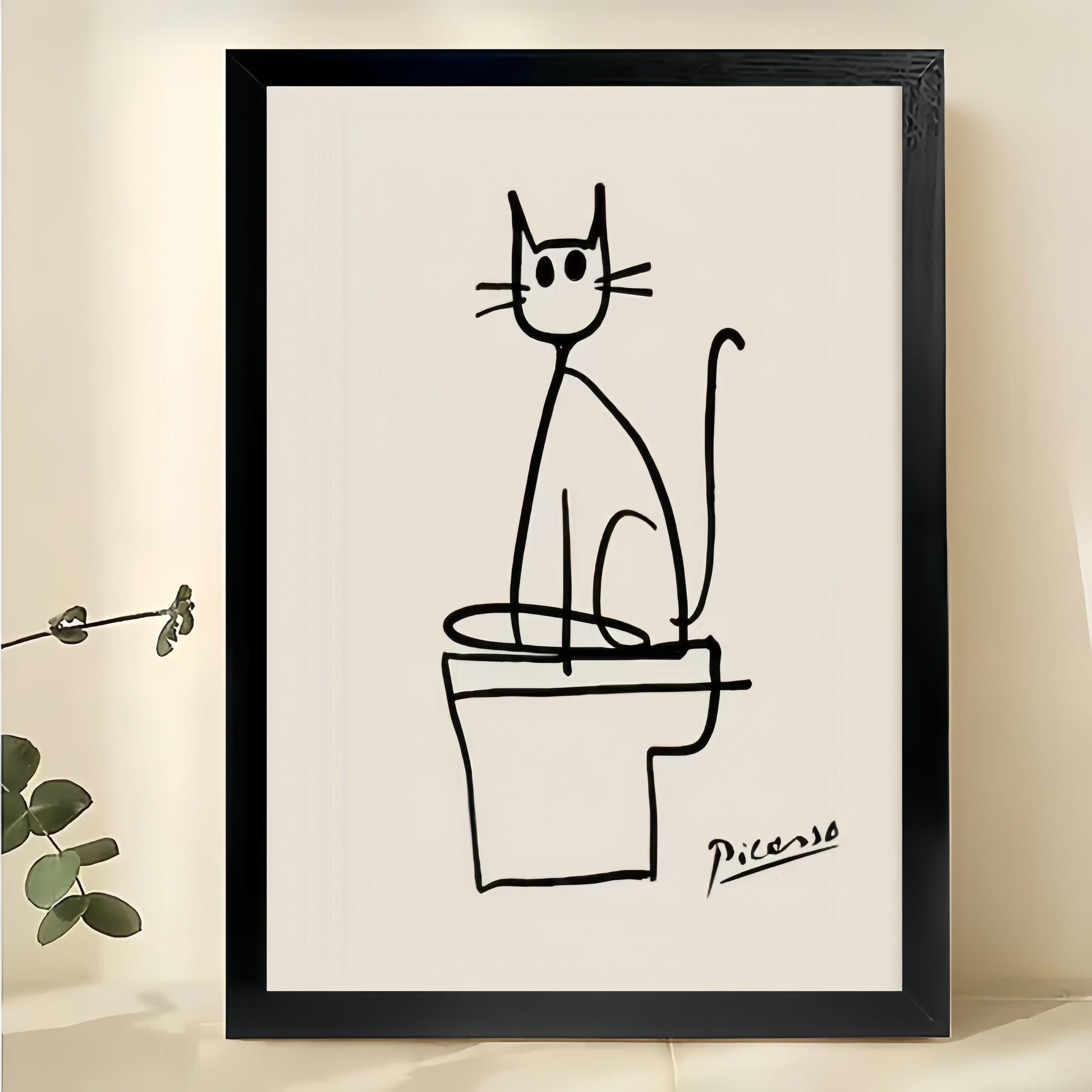 Picasso Cat on Toilet – Minimalist Bathroom Line Art Wall Art on Natural Wood Canvas