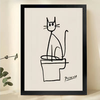 Picasso Cat on Toilet – Minimalist Bathroom Line Art Wall Art on Natural Wood Canvas