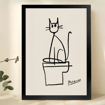 Picasso Cat on Toilet – Minimalist Bathroom Line Art Wall Art on Natural Wood Canvas