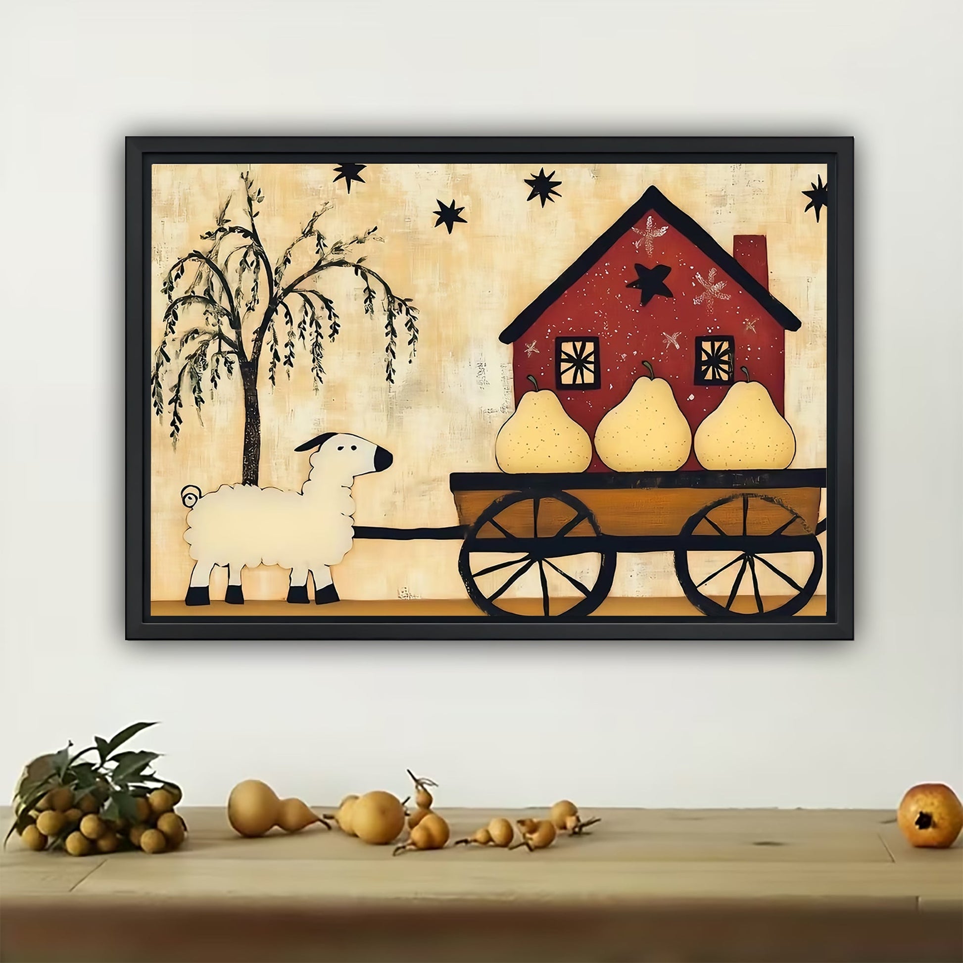 Red House Cart – Charming Rustic Scene Wall Art on Natural Wood Canvas