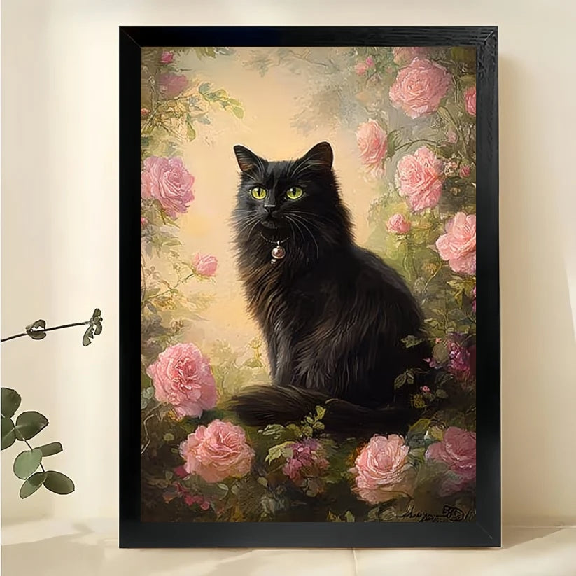 Black Cat in Pink Rose Garden – Realistic Floral Oil Painting Wall Art on Natural Wood Canvas