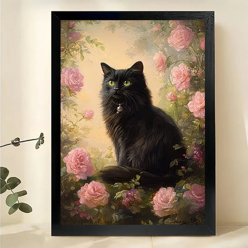 Black Cat in Pink Rose Garden – Realistic Floral Oil Painting Wall Art on Natural Wood Canvas