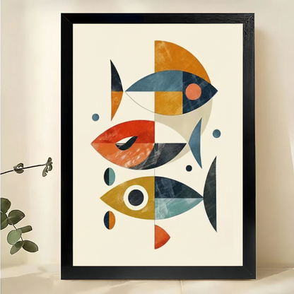 The Geometric Fish School – Minimalist Modern Wall Art on Natural Wood Canvas