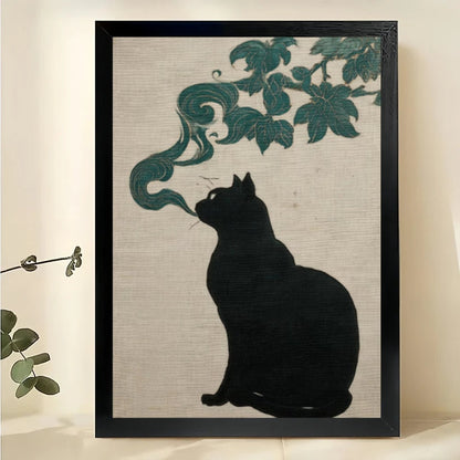 Smoking Black Cat – Japanese Ink Style Wall Art on Natural Wood Canvas