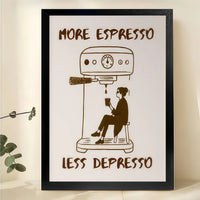 More Espresso Less Depresso Coffee Lover – Humorous Retro Wall Art on Natural Wood Canvas