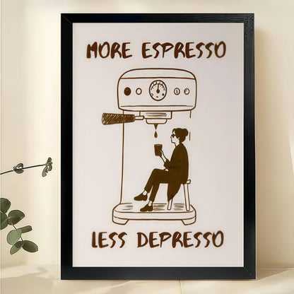 More Espresso Less Depresso Coffee Lover – Humorous Retro Wall Art on Natural Wood Canvas
