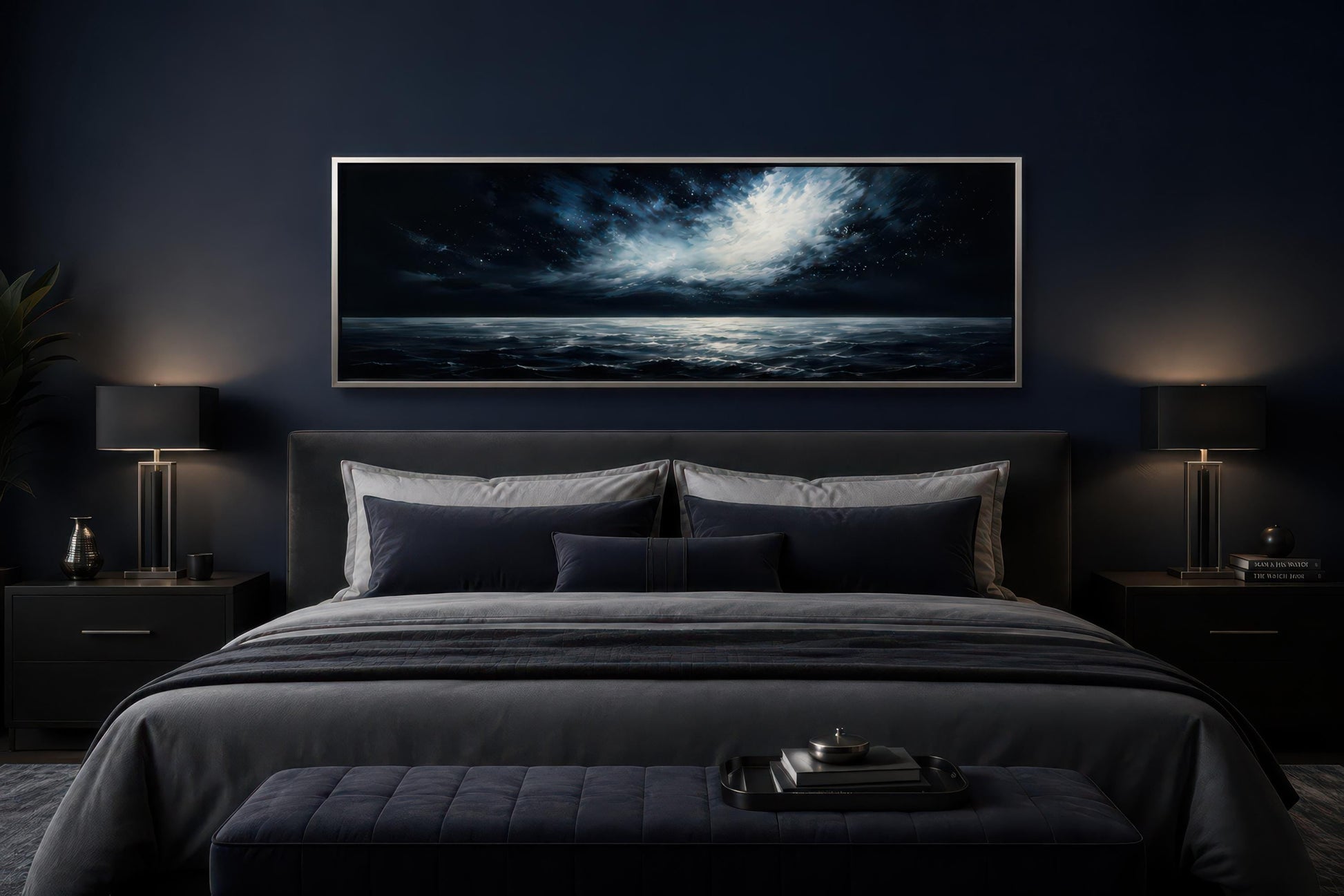 Dark Navy Moonlit Ocean Night Sky Seascape Painting, Moody Masculine Bedroom Decor Canvas Wall Art