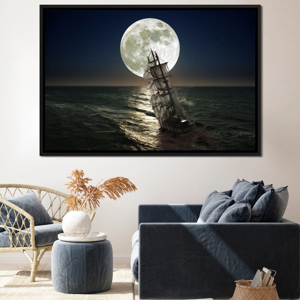 Sailing Under the Giant Moon Canvas Wall Art