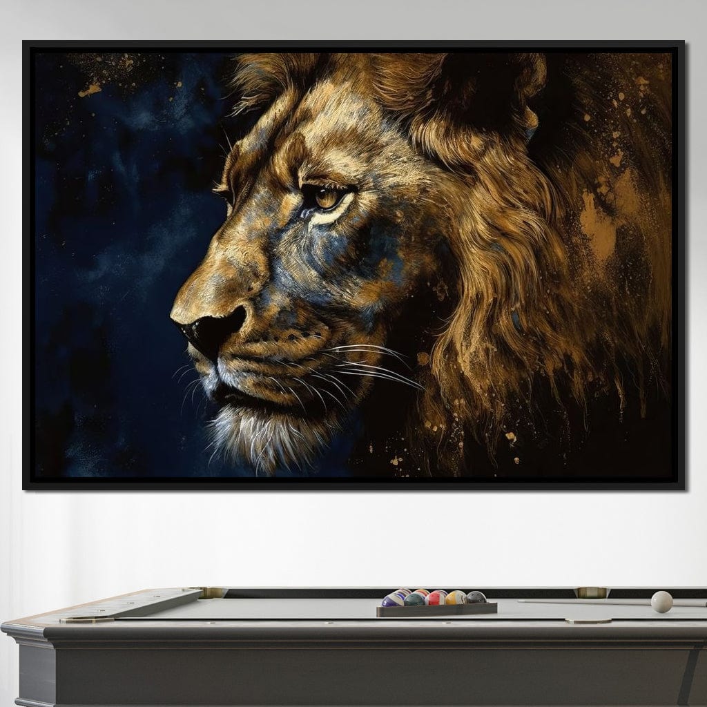 Golden Lion on Blue Background Canvas Wall Art