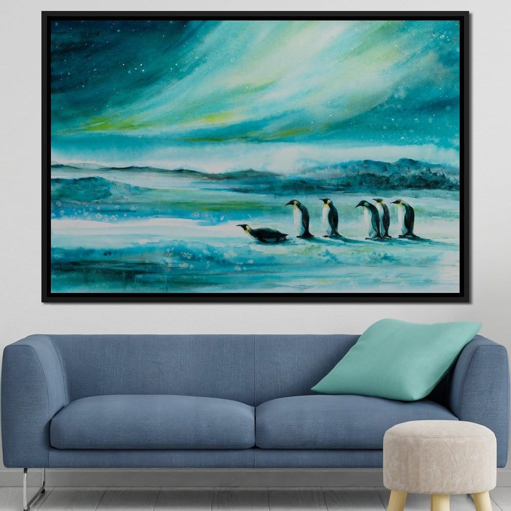 Penguins Under the Aurora Borealis Canvas Wall Art