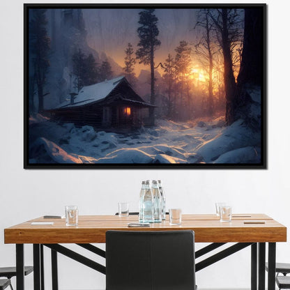 Warm Cabin Covered in Snow Canvas Wall Art