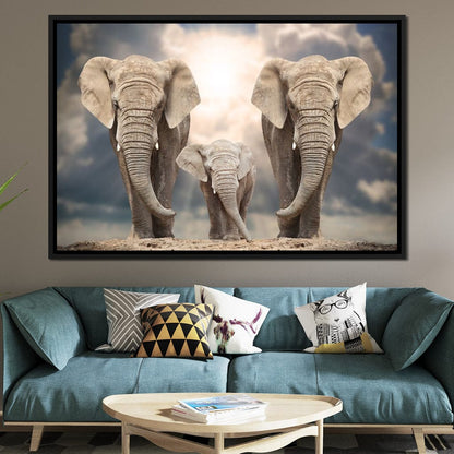 Elephant Family Under the Sun Canvas Wall Art